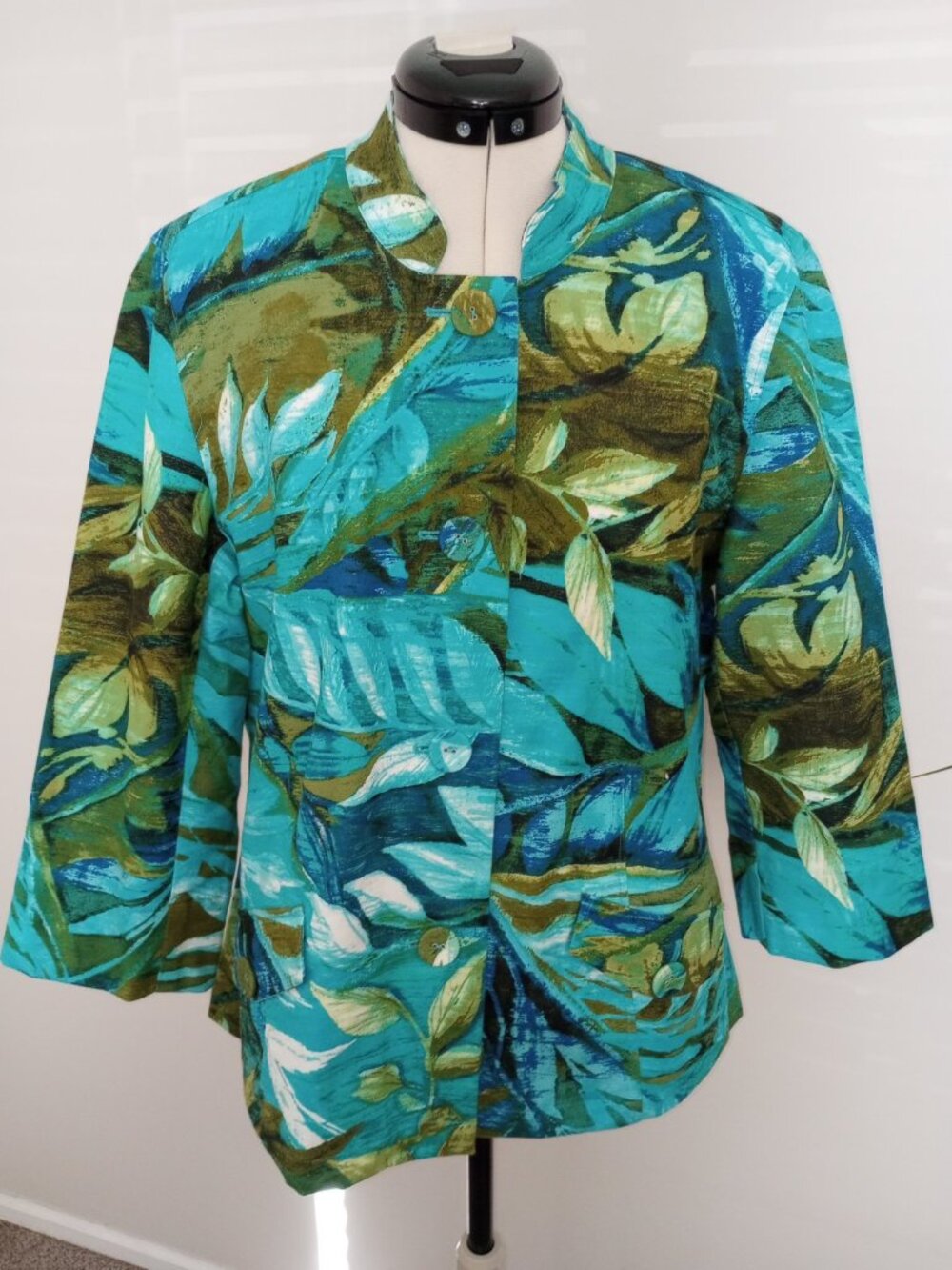 Chico's Jacket Women's Blue Green Palm Leaf 3/4 Sleeves Button Up Size 1